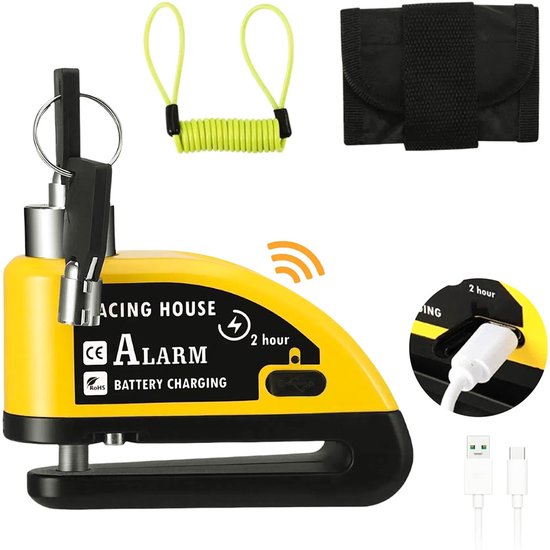 Schijfremslot - Motorslot - Scooterslot - Schijfremslot met Alarm - Motor Alarm Sirene - Remschijfslot met Opberghoes & Slot Kabel - Geel van Merkloos