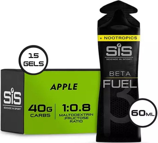 Science in Sport - SIS Beta Fuel - Dual Source energy gel Nootropics - Apple smaak - 1 : 0,8 Maltodextrine Fructose verhouding - 40 gram koolhydraten per gel - 15 x 60ml