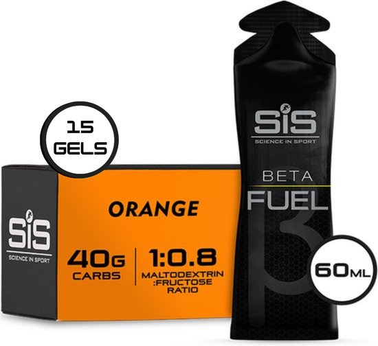 Science in Sport - SIS Beta Fuel - Dual Source energy gel - Orange smaak - 1 : 0,8 Maltodextrine Fructose verhouding - 40 gram koolhydraten per gel - 15 x 60ml van Science in Sport