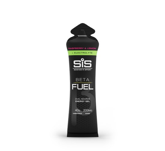 Science in Sport – SIS Beta Fuel + Electrolyte Gel – Raspberry & Lemon smaak – 1:0,8 Maltodextrine-Fructose verhouding – 40 gram koolhydraten + 200mg natrium per gel – 15 x 60ml