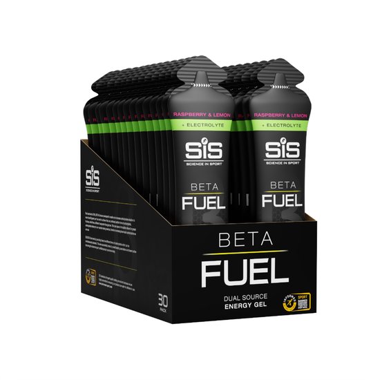Science in Sport – SIS Beta Fuel + Electrolyte Gel – Raspberry & Lemon smaak – 1:0,8 Maltodextrine-Fructose verhouding – 40 gram koolhydraten + 200mg natrium per gel – 30 x 60ml