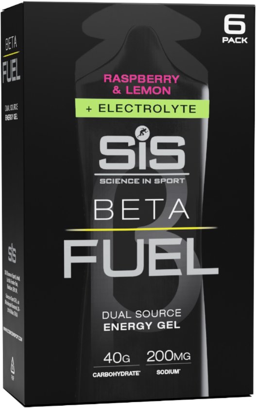 Science in Sport – SIS Beta Fuel + Electrolyte Gel – Raspberry & Lemon smaak – 1:0,8 Maltodextrine-Fructose verhouding – 40 gram koolhydraten + 200mg natrium per gel – 6 x 60ml
