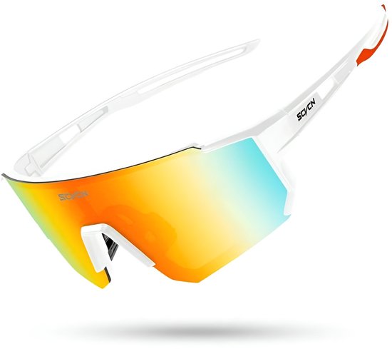 SCVCN® Panoramische fietsbril voor wielrenners, mountainbikers | Sport zonnebril | Fietsbril | Sportbril | Racefiets | MTB | Sport Fiets Bril| Zonnebril |UV400| Festival bril - Rave Bril | TR90-Montuur| Outdoor | Parelmoer Oranje | Wit |S1411-B-07