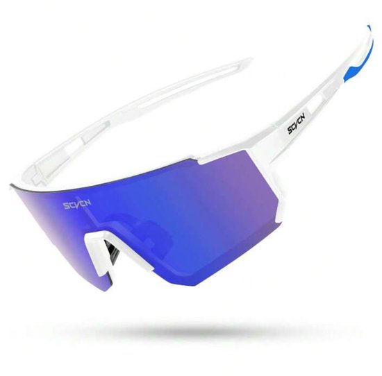 SCVCN® Panoramische fietsbril voor wielrenners, mountainbikers | Sport zonnebril | Fietsbril | Sportbril | Racefiets | MTB | Sport Fiets Bril| Zonnebril |UV400| Festival bril - Rave Bril |TR90-Montuur|Outdoor| Wit Montuur|Paars Blauw Lens|S1411-B-08