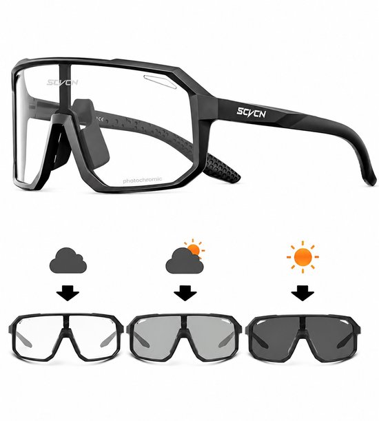 SCVCN® S62-PH-01 | Fotochromisch fietsbril voor wielrenners, mountainbikers | Sport zonnebril | Fietsbril | Sportbril | Racefiets | MTB | Sport Fiets Bril| Zonnebril| UV400 |TR90-Montuur| Outdoor | Zwart Montuur | Doorzichtige Lens | Transparant
