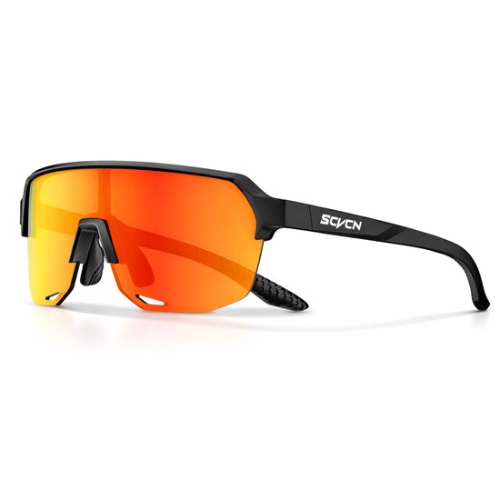 SCVCN® S9032-B01 Kinder Sportzonnebril | Fietsbril Kind Jongens Meisjes | UV400 Gepolariseerd | MTB Racefiets Hardlopen | Sportbril Kind |TR90 Lichtgewicht| Zwart Montuur | Oranje / Flaming Lens |Kinder Zonnebril Outdoor| Inclusief Bril Sleeve & Doek