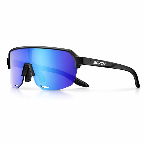 SCVCN® S9032-B02 Kinder Sportzonnebril | Fietsbril Kind Jongens Meisjes | UV400 Gepolariseerd | MTB Racefiets Hardlopen | Sportbril Kind |TR90 Lichtgewicht| Zwart Montuur | Blauw / Paars Lens |Kinder Zonnebril Outdoor| Inclusief Bril Sleeve & Doek