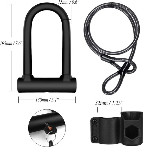 Sepeda U-lock, Kunci Sepeda D-lock Anti-vandalisme dengan Kabel Fleksibel 1,2m dan Braket Pemasangan, Keamanan Tinggi untuk Sepeda, E-skuter, dan Sepeda van Rockbro.