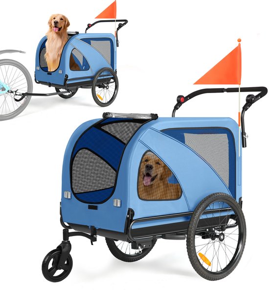 SEPNINE 2-in-1 Hondenfietskar voor Grote Honden - Hondenbuggy - Tot 50 kg - Verstelbare Duwstang - Blauw