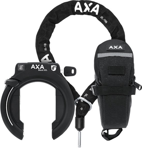 Set bestaande uit AXA Block XXL - Ringslot voor fietsen met brede banden - ART 2 sterren keurmerk - Frameslot - Met ULC plug-in ketting 100 cm - Inclusief opbergtas - Zwart van AXA