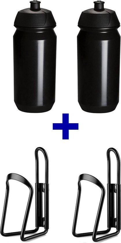 set Bidonnen met aluminium bidonhouders - bestaande uit 2x 500ml Tacx Shiva bidons met bidonhouder - Zwart
