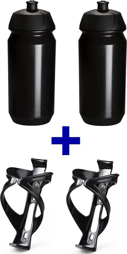 set Bidonnen met Ultralight Bidonhouders - bestaande uit 2x 500ml Tacx Shiva bidons met lichtgewicht bidonhouder - Zwart