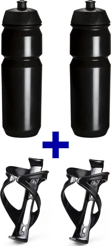 set Bidonnen met Ultralight Bidonhouders - bestaande uit 2x 750ml Tacx Shiva bidons met lichtgewicht bidonhouder - Zwart