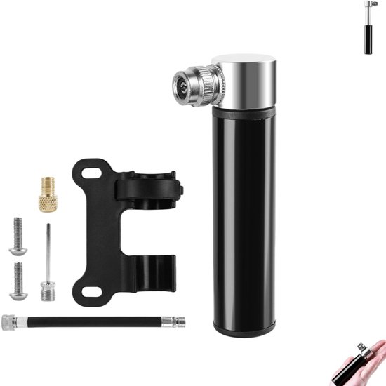 Set van 1 stuk - Mini fietspomp - Draagbare pomp - Mini pomp van aluminiumlegering - Handpomp - Handmatige fietspomp - Pomp met standaard - Geschikt voor racefietsen, mountainbikes en diverse ballen (zwart)