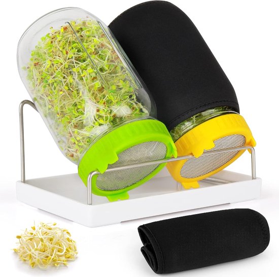 set van 2 grote glazen met brede hals met zeefdeksels, 2 verdampende mouwen, dienblad, halve standaard, zaadkiemset voor de speen van broccoli, mungbonen, alfalfa van VIGARIEBIT