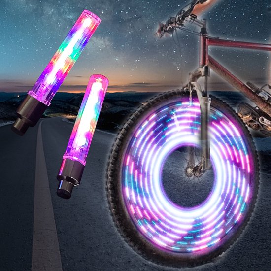 Set van 2 LED-fietswielverlichting met 7 knipperstanden - Geschikt voor ventiel, velg, band en spaken.