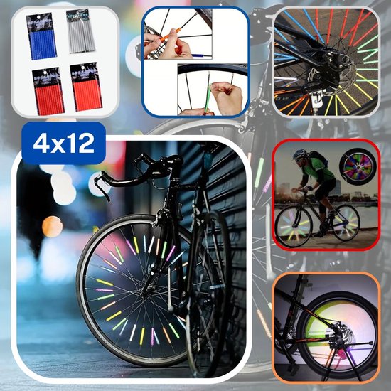 Set van 48 REFLECTERENDE STAAFJES/STICKS voor de SPAKEN van uw FIETS, 12 in Elke Kleur, Kleuren ROOD/ORANJE/BLAUW/GRIJS van Gobikey