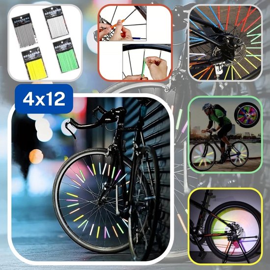 Set van 48 REFLECTERENDE STAAFJES/STICKS voor de SPAKEN van uw FIETS, 12 in Elke Kleur, Kleuren WIT/GEEL/GROEN/GRIJS van Velmia