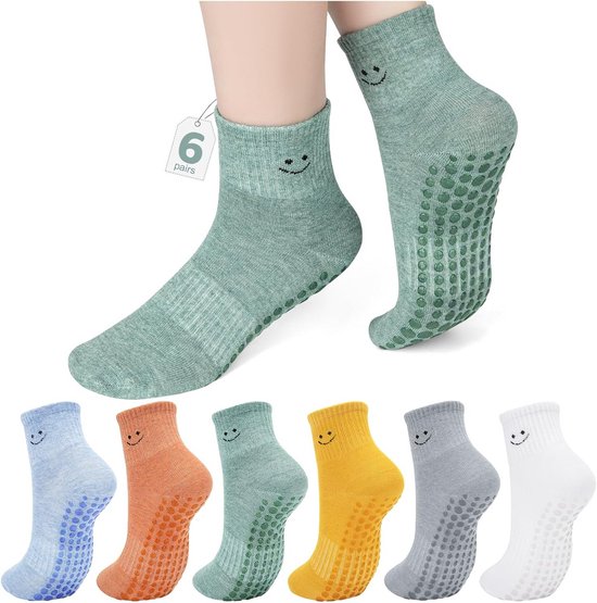 Set van 6 paar Antislip Sokken voor Dames Pilates, Yoga en Fitness - Comfortabele Smiley Anti-slip Grip Sokken