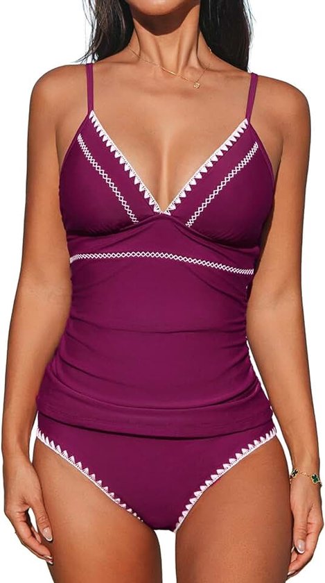 Sets voor dames, tweedelig badpak, V-hals, ruches schelp, gestikt badpak, spaghettibandjes, verstelbare bandjes
