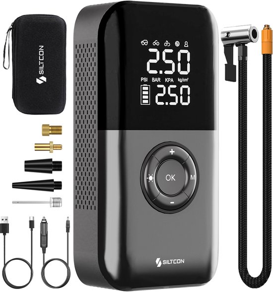 Siltcon® Elektrische Fietspomp - Luchtcompressor - Tot 10.8 Bar - 8500 mAh Powerbank - Compressor - Bandenpomp Auto - Elektrische Bandenpomp - Luchtpomp – Universeel – Oplaadbaar & 12V – 35l/min – SOS Lamp - Noodpakket - Incl. 10 Opzetstukjes en Hoes van Merkloos