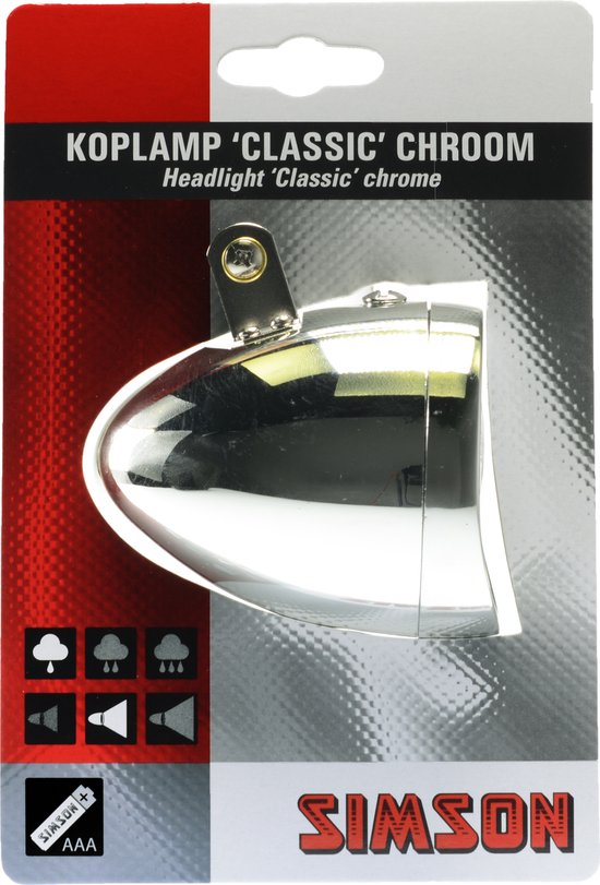 Simson Klassieke LED-fietskoplamp - Chroom - Inclusief AAA-batterijen - Traditioneel ontwerp - Zilver/chroom behuizing