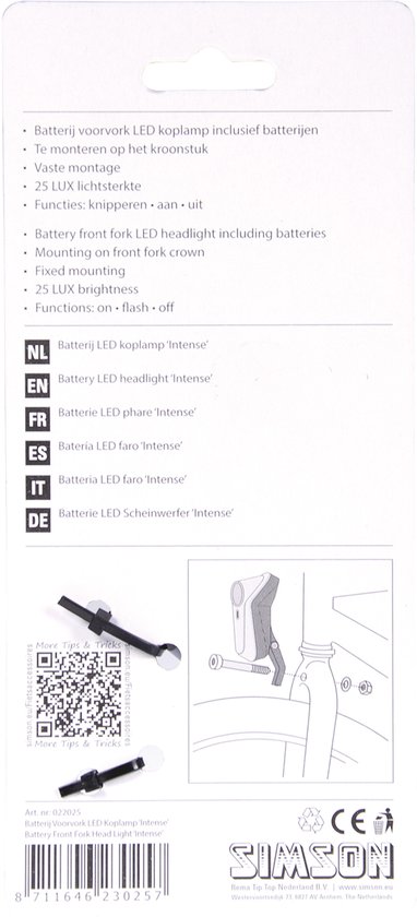 Simson Koplamp met 25 LUX - LED - Voorvorkmontage - Reflector - Inclusief batterijen