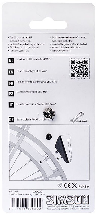 Simson Spatbord achterlicht - Compact design - 1 LED - 220° zichtbaarheid - Batterijvoeding