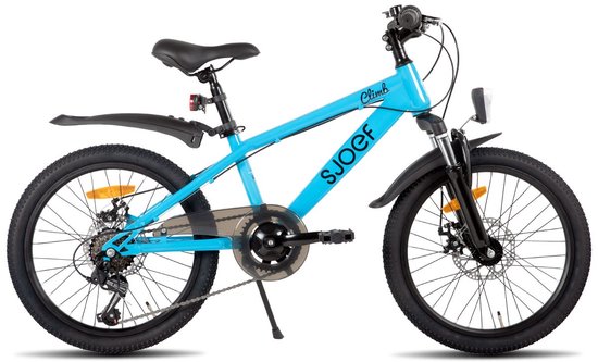 SJOEF Climb Jongensfiets / Mountainbike 20 inch - Kinderfiets 6, 7 & 8 Jaar - 6 Versnellingen - Schijfremmen - Verende voorvork - Spatborden - Kettingkast - LED verlichting - Blauw van SJOEF
