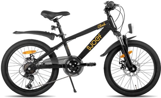 SJOEF Climb Jongensfiets / Mountainbike 20 inch - Kinderfiets 6, 7 & 8 Jaar - 6 Versnellingen - Schijfremmen - Verende voorvork - Spatborden - Kettingkast - LED verlichting - Zwart van SJOEF