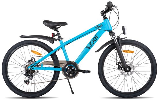 SJOEF Climb Jongensfiets / Mountainbike 24 inch - Kinderfiets 8-12 Jaar - 6 Versnellingen - Schijfremmen - Verende voorvork - Spatborden - Kettingkast - LED verlichting -| Blauw van SJOEF