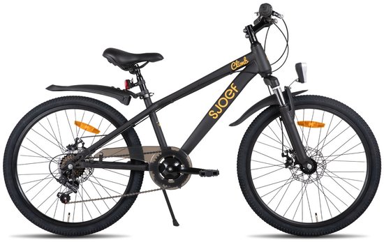 SJOEF Climb Jongensfiets / Mountainbike 24 inch - Kinderfiets 8-12 Jaar - 6 Versnellingen - Schijfremmen - Verende voorvork - Spatborden - Kettingkast - LED verlichting - Zwart van SJOEF