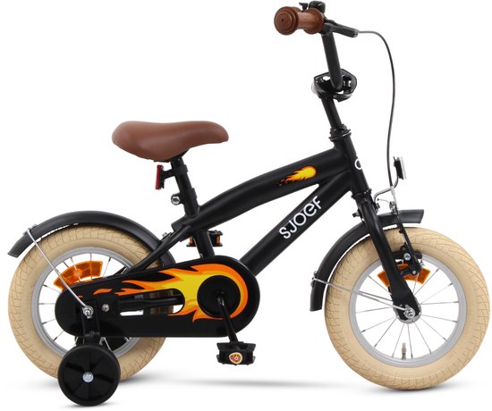 SJOEF Cruise Jongensfiets 12 inch Mat Zwart | Kinderfiets met zijwieltjes | Leeftijd 2, 3 & 4 jaar | Kledingmaat 90-105 | Fiets 12 inch van SJOEF