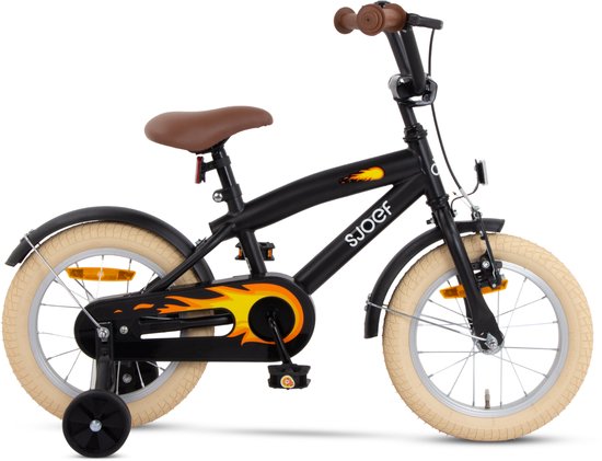 SJOEF Cruise Jongensfiets 14 inch Mat Zwart | Kinderfiets met zijwieltjes | Leeftijd 3, 4 & 5 jaar | Kledingmaat 98-108 | Fiets 14 inch van SJOEF