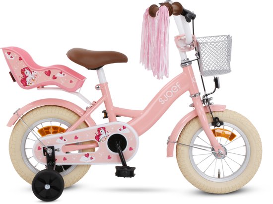 SJOEF Dolly Meisjesfiets 12 inch Roze - Unicorn Design - Kinderfiets met zijwieltjes 2, 3 & 4 jaar - 90-105 Kledingmaat - Roze Fiets 12 inch van SJOEF
