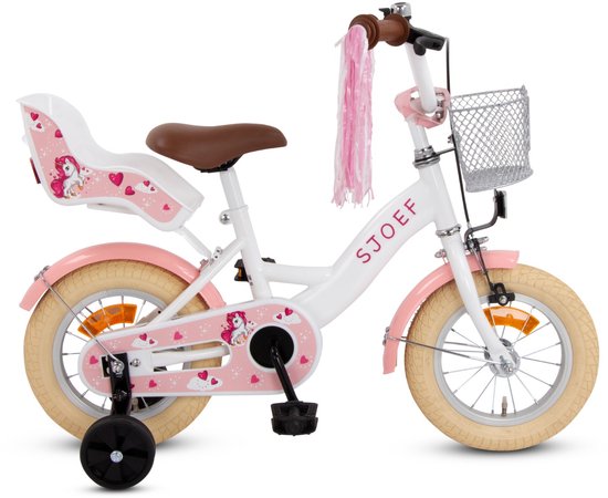 SJOEF Dolly Meisjesfiets 12 inch Wit | Unicorn Design | Kinderfiets met zijwieltjes 2, 3 & 4 jaar | 90-105 Kledingmaat | Fiets 12 inch van SJOEF