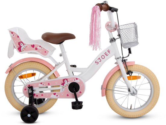SJOEF Dolly Meisjesfiets 14 inch Roze | Unicorn Design | Kinderfiets met zijwieltjes 3, 4 & 5 jaar | 98-108 Kledingmaat | Witte Fiets 14 inch van SJOEF