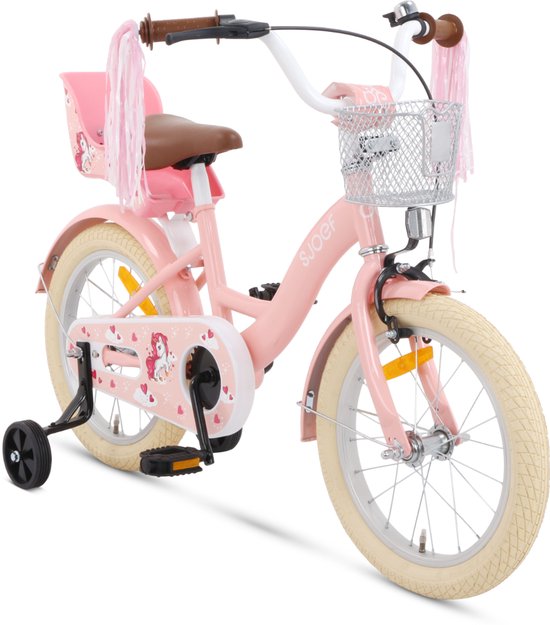 SJOEF Dolly Meisjesfiets 16 inch Roze - Unicorn Design - Kinderfiets met zijwieltjes 4, 5 & 6 jaar - 103-118 Kledingmaat - Roze Fiets 16 inch van SJOEF
