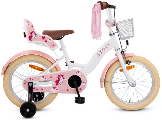 SJOEF Dolly Meisjesfiets 16 inch Roze - Unicorn Design - Kinderfiets met zijwieltjes 4, 5 & 6 jaar - 103-118 Kledingmaat - Witte Fiets 16 inch van SJOEF