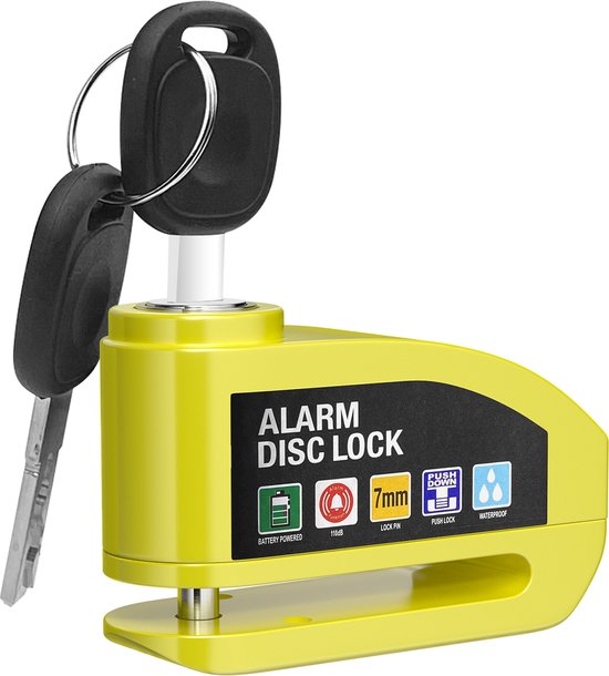 Skynzor - Motorcycle Lock - Fietsslot Alarm - Motorfiets Alarm - Bike Alarm and Tracker - Fiets Alarm - Hangslot Fiets - Schijfremslot - Motorslot - Brommer Slot - Motor Slot Alarm - Scooter Schijfslot - met Reminderkabel & Tasje - Geel - 2 Sleutels van Merkloos