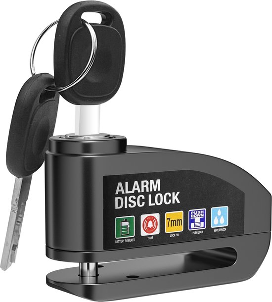Skynzor - Motorcycle Lock - Fietsslot Alarm - Motorfiets Alarm - Bike Alarm and Tracker - Fiets Alarm - Hangslot Fiets - Schijfremslot -Motorslot - Brommer Slot - Motor Slot Alarm - Scooter Schijfslot - met Reminderkabel & Tasje - Zwart - 2 Sleutels van Skynzor