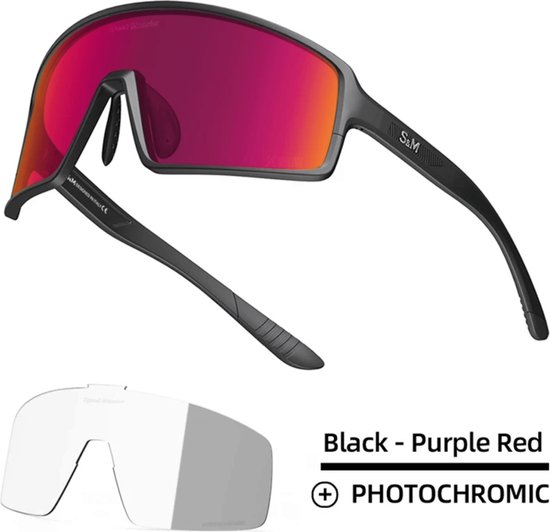 S&M PRO Sport Zonnebril - Photochromatische Lens Rood - Polarized HD Sport Sunglasses - TR90 -TAC - UV 400 - Fietsbril - Sportbril - Mountainbike -Wintersport - Sneeuw - Polariserend - Nachtbril - Frame voor Zonnebril op Sterkte + Brillenkoker
