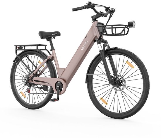 SmarAI C1 Pro Elektrische Stadsfiets 28 Inch - 250W Motor - 36V18Ah Accu - Extra Groot Bereik tot 120 km- Shimano 7 versnellingen - Verende Voorvork - Inclusief Fietsmand en Slot-Champagne Goud