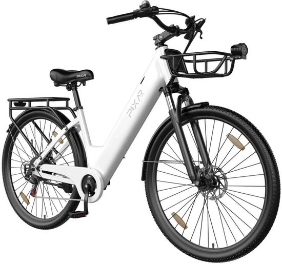 SmarAI C1 Pro Elektrische Stadsfiets 28 Inch - 250W Motor - 36V18Ah Accu - Extra Groot Bereik tot 120 km- Shimano 7 versnellingen - Verende Voorvork - Inclusief Fietsmand en Slot-Wit