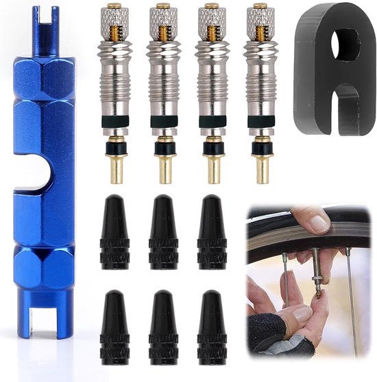 SnelShoppen - 18-delige set tubeless mountainbike ventielen, inclusief Presta ventielkernen, Obus demontagetool, fietspomp adapters, universele oploss