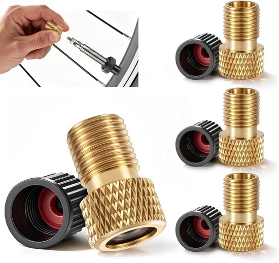 SnelShoppen - 4 Stuks Fietsventiel Adapter Set, Messing Presta/Schrader Adapter met 4 Ventieldoppen, Universele Fietsventiel Converter voor Presta Dun