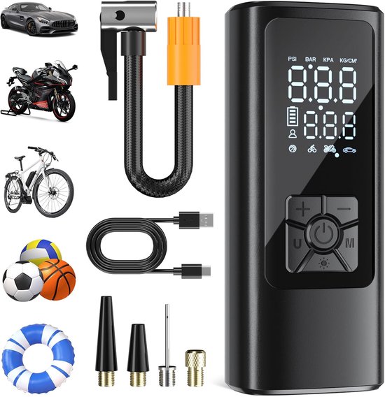 SnelShoppen - Draadloze Bandenpomp 150 PSI, Draagbare Luchtpomp met Automatische Uitschakeling, LED Lichten, 5200 mAh voor Auto, Motor, Fiets en Bal