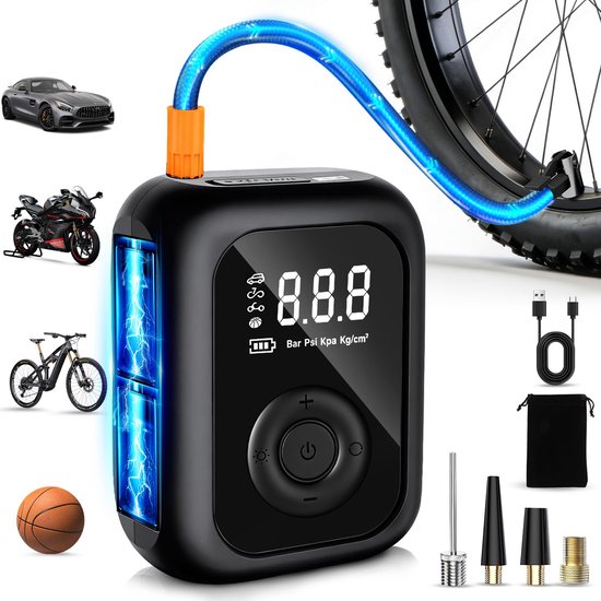 SnelShoppen - Draagbare Elektrische Fietspomp 150 PSI, 6000 mAh Mini Fietscompressor met LCD-Display en Automatische Uitschakeling voor Fietsen, Campi