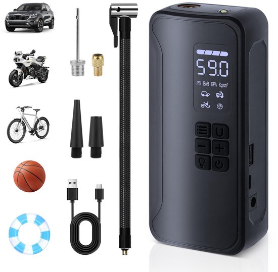 SnelShoppen - Draagbare Elektrische Luchtpomp voor Auto, Fiets, Motorfiets en Balen - USB-C Oplaadbare Accucompressor met LED-lamp, Compact en Handzaa