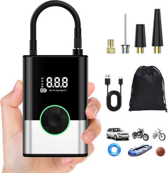 SnelShoppen - Draagbare Mini Luchtcompressor voor Auto, 6000 mAh 150 PSI, Elektrische Fietspomp met Digitale LCD Scherm en LED Zaklamp, Pomp voor Fiet